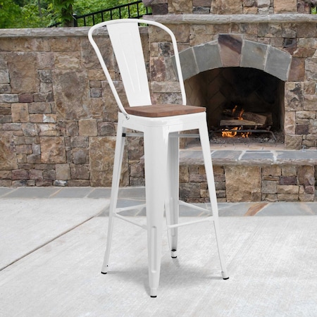 Flash Furniture White Metal Barstool with Back and Wood Seat, 30" High, PK4 4-CH-31320-30GB-WH-WD-GG