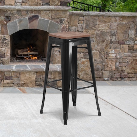 Flash Furniture Backless Black Metal Barstool with Square Wood Seat, 30" High, PK4 4-CH-31320-30-BK-WD-GG