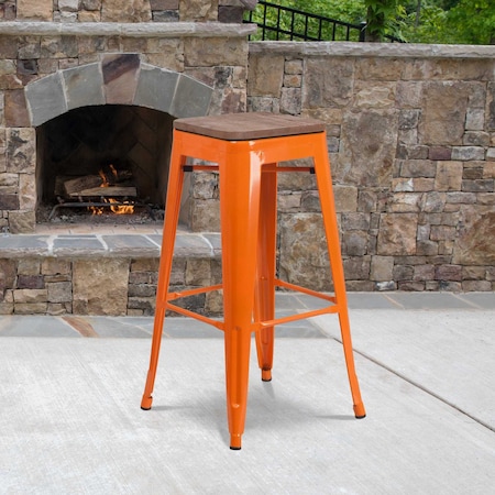 Flash Furniture Backless Orange Metal Barstool with Square Wood Seat, 30" High, PK4 4-CH-31320-30-OR-WD-GG