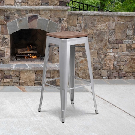 Flash Furniture Backless Silver Metal Barstool with Square Wood Seat, 30" High, PK4 4-CH-31320-30-SIL-WD-GG