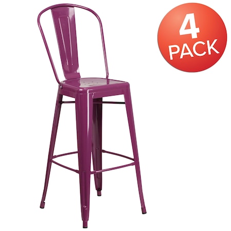 Flash Furniture Purple Metal Indoor-Outdoor Barstool with Back, 30" High, PK4 4-ET-3534-30-PUR-GG