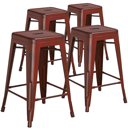 Flash Furniture 4 "H Backless Aged Red Counter Height Stool, PK4 4-ET-BT3503-24-RD-GG