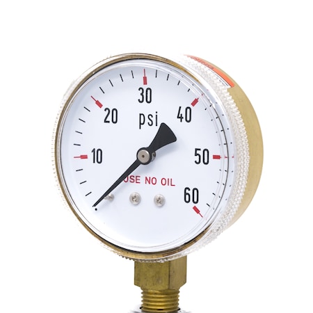 Pic Gauges Gauge, 2.5"0/60psi, 1/4"LM, Brass, UseNoOil, 2 1/2 in Dial, 1/4 in NPT Lower Location 501D-UNO-254D
