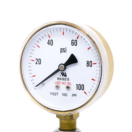 Pic Gauges Gauge, 2.5"0/100psi, 1/4"LM, Brass, UseNoOil, 2 1/2 in Dial, 1/4 in NPT Lower Location 501D-UNO-254E