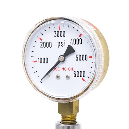 Pic Gauges Gauge, 2.5"0/6000psi, 1/4"LM, Brass, No Oil, 2 1/2 in Dial, 1/4 in NPT Lower Location 501D-UNO-254S