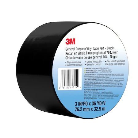 3M Vinyl Tape, Black, 3" x 36 yd, 5 mil 764 BK 3IN