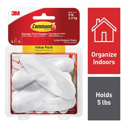 Command Hook Set, White, Plastic, 1 3/8 in D 17083-4ES