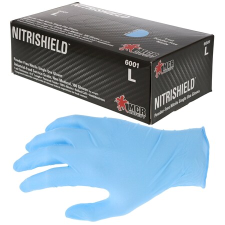Mcr Safety Durashield Disposable Gloves, Nitrile, Powder Free, Blue, L, 100 PK 6001L