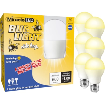Miracle Led Bug Light Wide Angle Yellow Amber Glow Replace 60W for Porch & Patio, PK6 602171