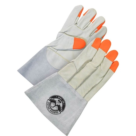 Bdg Leather Gloves, Gauntlet Cuff, Wing Thumb, Orange/Gray/Tan, M, 1 PR 60-1-1275-M-K