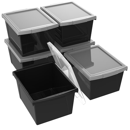 Storex Storage Bin W/ Lid, Black, 7.87 in H, 11.25 in W, 13.63 in L, 6 PK 61427U06C