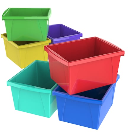 Storex Storage Bin, Plastic, Assorted - Green, Teal, Yellow, Red, Blue, 7.9 in H, 11.3 in W, 13.6 in L 61514U06C