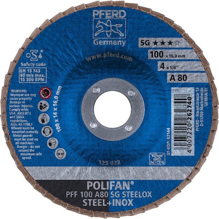 Pferd Flap Disc, SG, Flat AO, 80 Grit, 4" x 5/8 62144