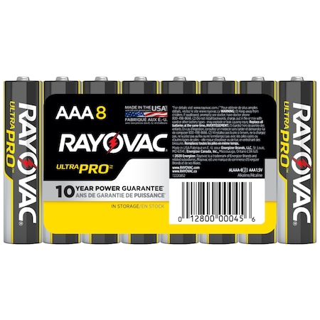 RAYOVAC UltraPro AAA Alkaline Battery, 1.5V DC, 8 Pack ALAAA8