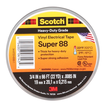 Scotch 8.5 mil, 3/4" x 66 ft. Black Electrical Tape 88-Super-3/4x66FT