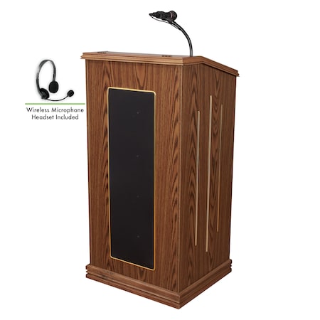 Oklahoma Sound Prestige Sound Lectern with Wireless Headset Mic, Med Oak 711-MO/LWM-7