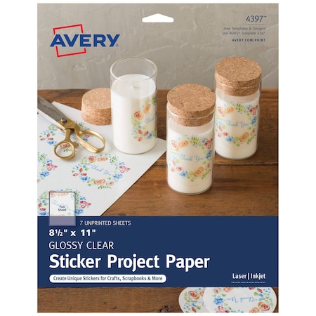 Avery Printable Sticker Paper, Glossy Clear, 8 4397