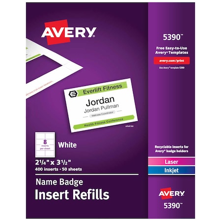 Avery Name Badge Insert Refills, 2-1/4", PK400 5390