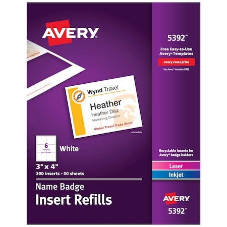 Avery Name Badge Inserts, 3" x 4", Prin, PK300 5392