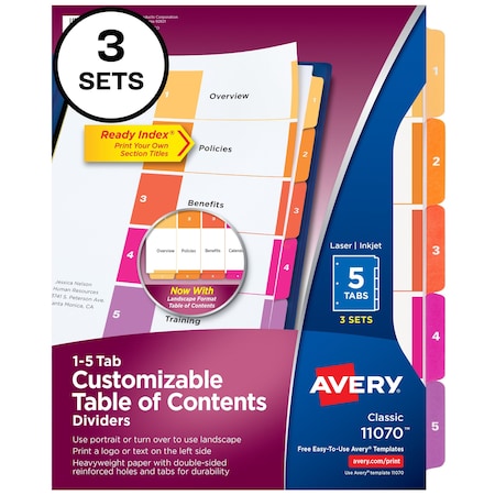 Avery Ready Index 5 Tab Binder Dividers, PK3 11070