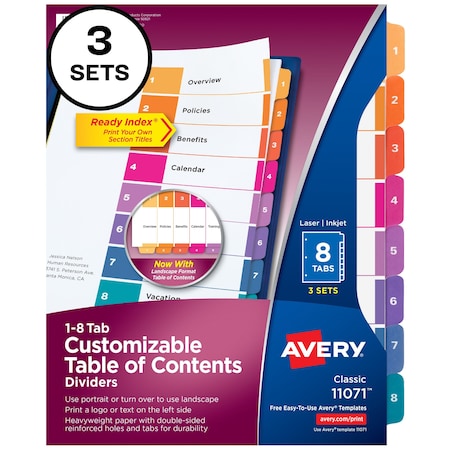Avery Ready Index 8 Tab Binder Dividers, PK3 11071