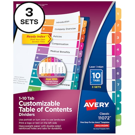Avery Ready Index 10 Tab Binder Dividers, PK3 11072