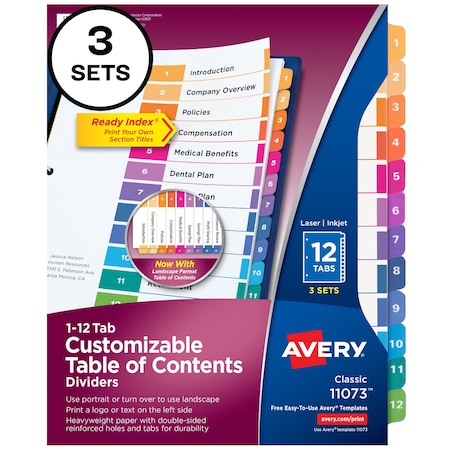 Avery Ready Index 12 Tab Binder Dividers, PK3 11073