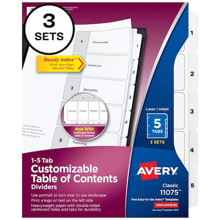 Avery Ready Index 5 Tab Binder Dividers, PK3 11075
