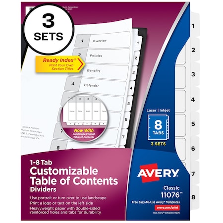 Avery Ready Index 8 Tab Binder Dividers, PK3 11076