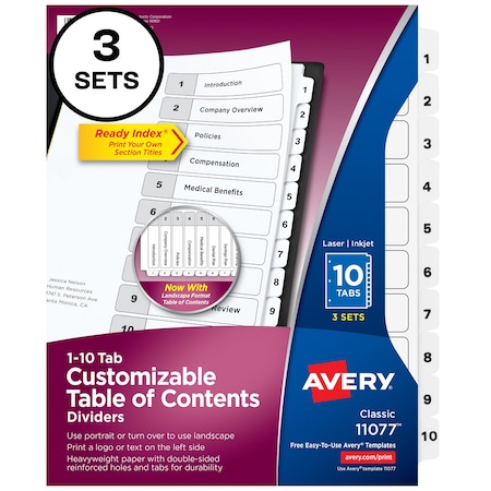 Avery Ready Index 10 Tab Binder Dividers, PK3 11077