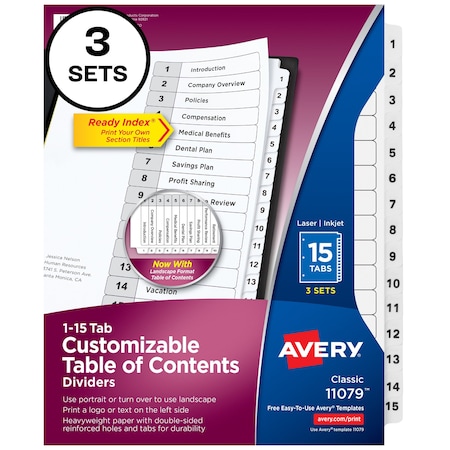 Avery Ready Index 15 Tab Binder Dividers, PK3 11079