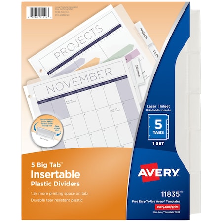 Avery Durable Plastic 5-Tab Insertable Big Tab 11835