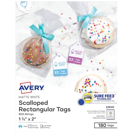 Avery Printable Tags with Strings, Paper, Card Stock, 1-1/4 in W, White, Rectangle, 180 PK 22848