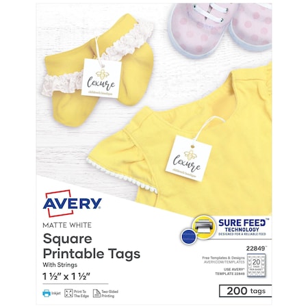 Avery Printable Tags with Strings, 1-1/2 in W, White, Square, 200 PK 22849