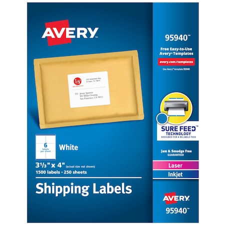 AVERY Shipping Labels, Sure Feed Techn, PK1500 95940