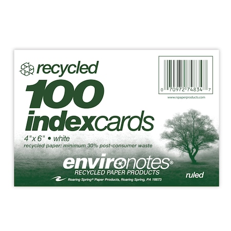 Roaring Spring Case of Recycled Index Cards 4"x6", 100 per pack, White Paper, Ruled on Front, Blank on Back 74834cs
