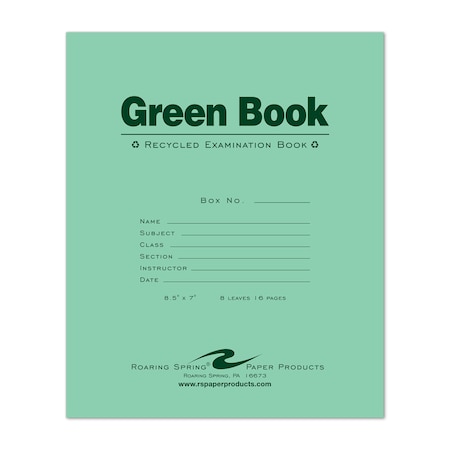 Roaring Spring Case of Recycled Exam Green Books, 8.5" x 7", 8 Sheets/16 Pages, Wide Ruled with Margin, PK600 77508cs