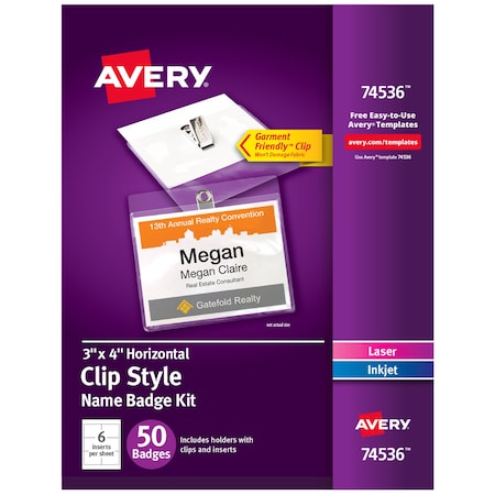 Avery Clip Name Tags, Print or Write, 3", PK54 74536