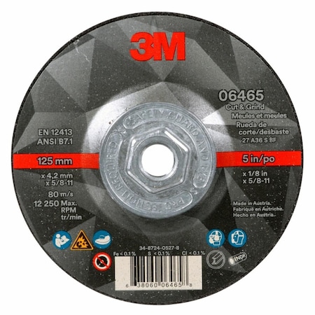 3M Abrasive Cut-Off Wheel, Type 27, 5 in Dia, 0.125 in Thick, 5/8"-11 Arbor Hole Size, Ceramic 7100245015