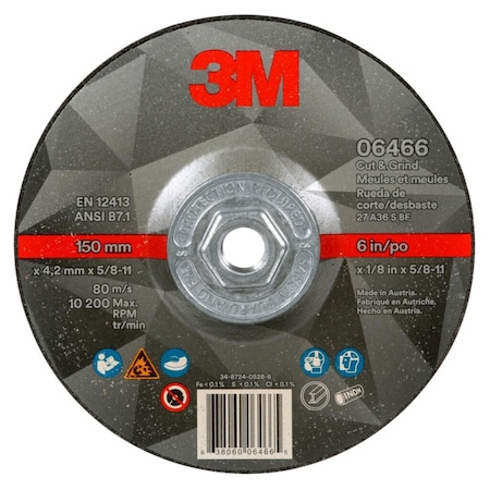 3M Abrasive Cut-Off Wheel, Type 27, 6 in Dia, 0.125 in Thick, 5/8"-11 Arbor Hole Size, Ceramic 06466