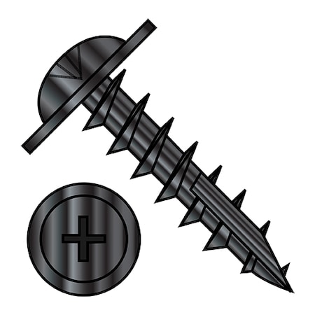 Zoro Select Wood Screw, #10, 1 in, Black Steel Round Head Phillips Drive, 7000 PK 08167DPRWD1B