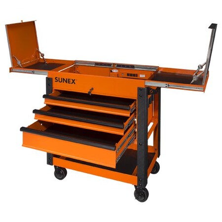 Sunex Slide Top Utility Cart, 3 Drawer, Orange, Work Surface