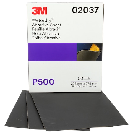 3M Wetordry Sheet, 02037, P500gr, 9"x11i, PK250 02037