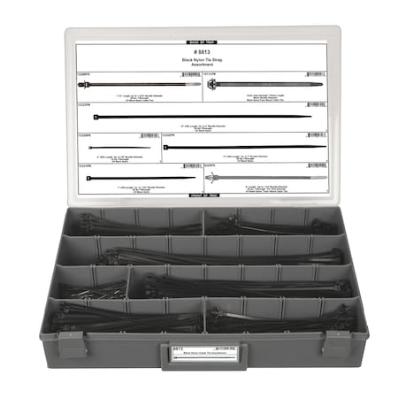 Disco Cable Tie Assortment, 4 in, 7 in, 7-1/2 in, 8 in, 11 in, 14 in, 170 mm L, Black, Nylon 8813