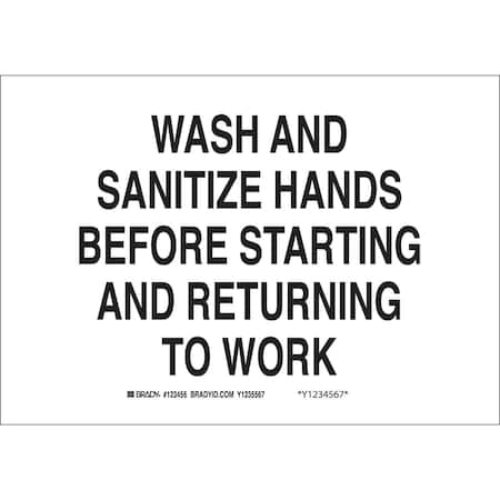 Brady Wash And Sanitize Hands Before Starting And Returning To Work, 10 in x 14 in, Aluminum, 42828 42828