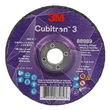 3M Cubitron Depressed Center Grinding Wheel, Type 27, 4 in Dia, 0.25 in Thick, 5/8 in Arbor Hole Size, Ceramic 88989