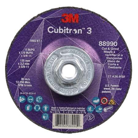 3M Cubitron Cut-Off and Grinding Wheel, Type 27, 5 in Dia, 0.125 in Thick, 5/8"-11 Arbor Hole Size, Ceramic 88990