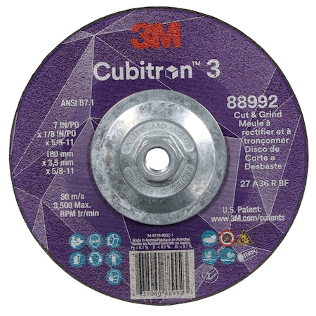 3M Cubitron Cut-Off and Grinding Wheel, Type 27, 7 in Dia, 0.125 in Thick, 5/8"-11 Arbor Hole Size, Ceramic 88992