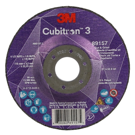 3M Cubitron Cut-Off and Grinding Wheel, Type 27, 4 1/2 in Dia, 0.125 in Thick, 7/8 in Arbor Hole Size, Ceramic 89157
