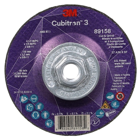 3M Cubitron Cut-Off and Grinding Wheel, Type 27, 4 1/2 in Dia, 0.125 in Thick, 5/8"-11 Arbor Hole Size, Ceramic 89158